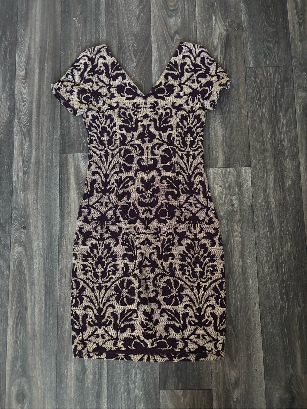 JS Collections maroon and gold embroidered sheath dress
